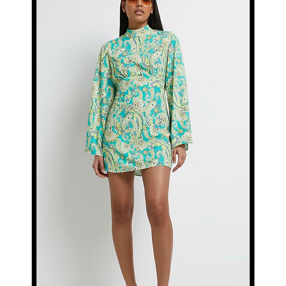 River Island Paisley Open Back Mini Dress Long Sleeve Size 8 NWT Teal Green 70s